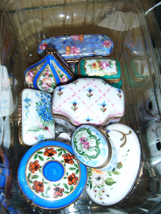 Limoges enamel quatrefoil box enclosing 4 scent bottles & 7 other Limoges boxes, various